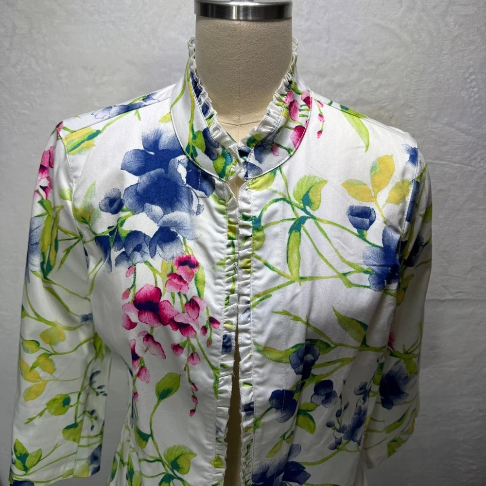 Chicos Size‎ 1 M Floral Ruffle Trim Open Front Jacket White Blue Pink Green